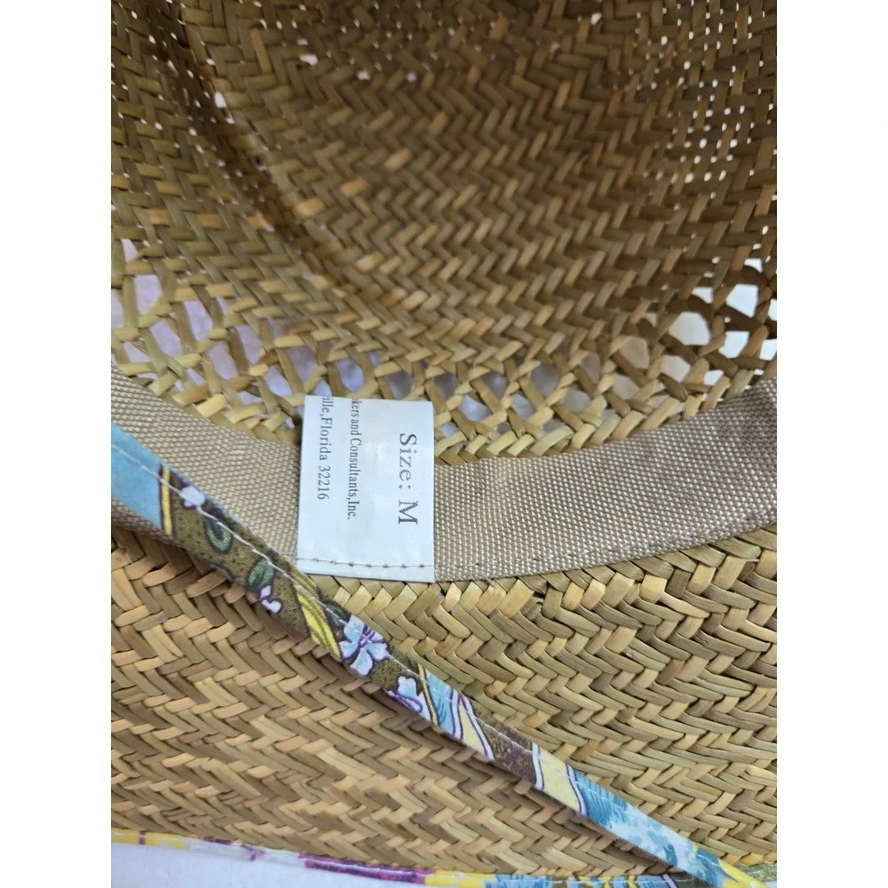 Straw Sun Hat‎ Wide Brim Floral Bow Trim Medium Vacation Beach Resortwear